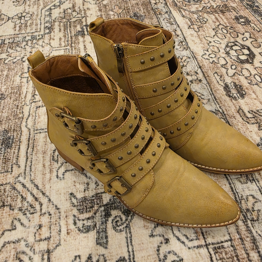 Studded Strappy Ankle Boots - Mustard